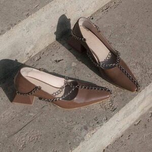 Nina Zarqua patent leather Pump Black Heel Silver Chains tan taupe size 39